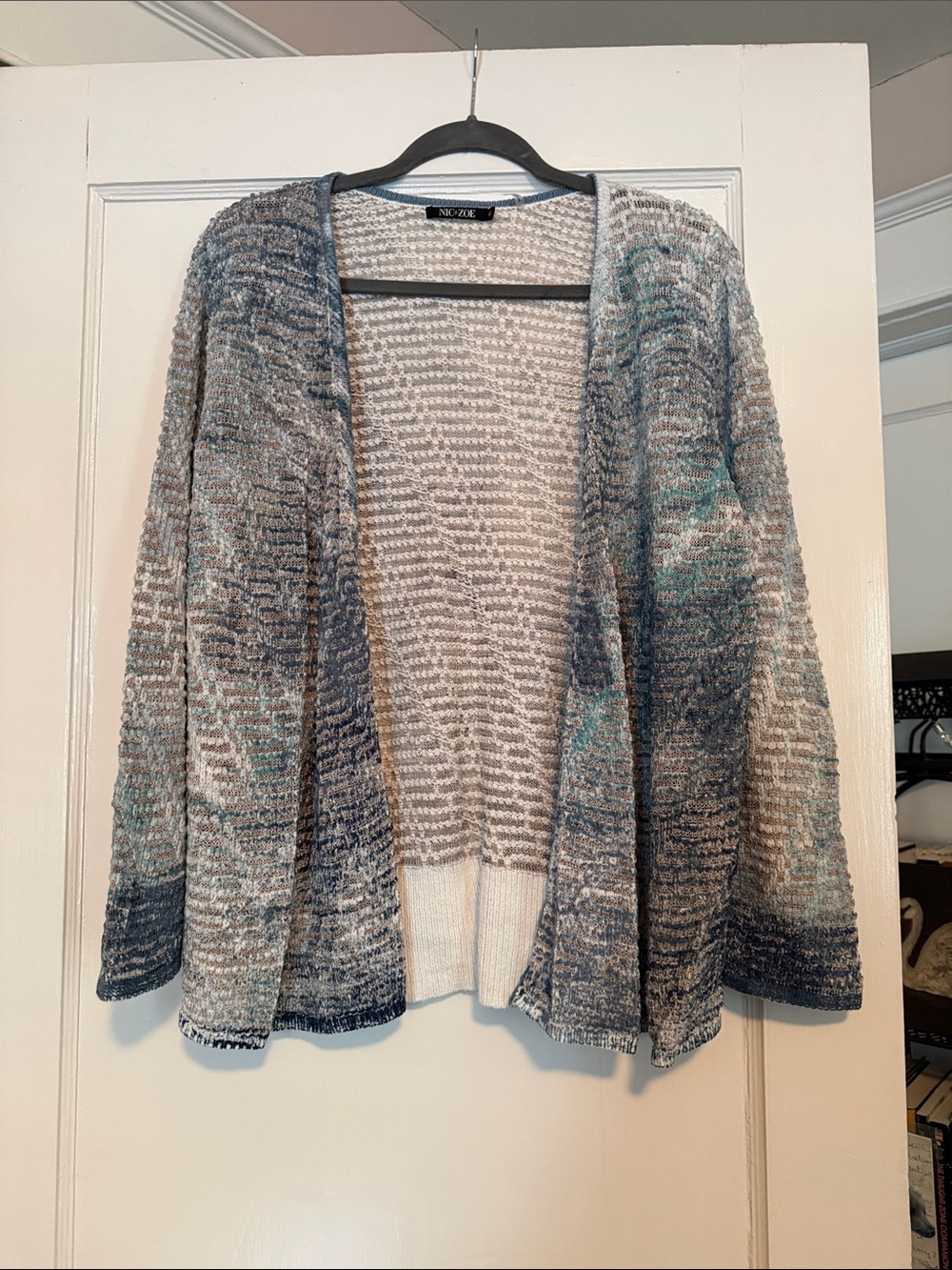 NIC+ZOE Open-Front Knit Cardigan in Gray and Blue Green Tones